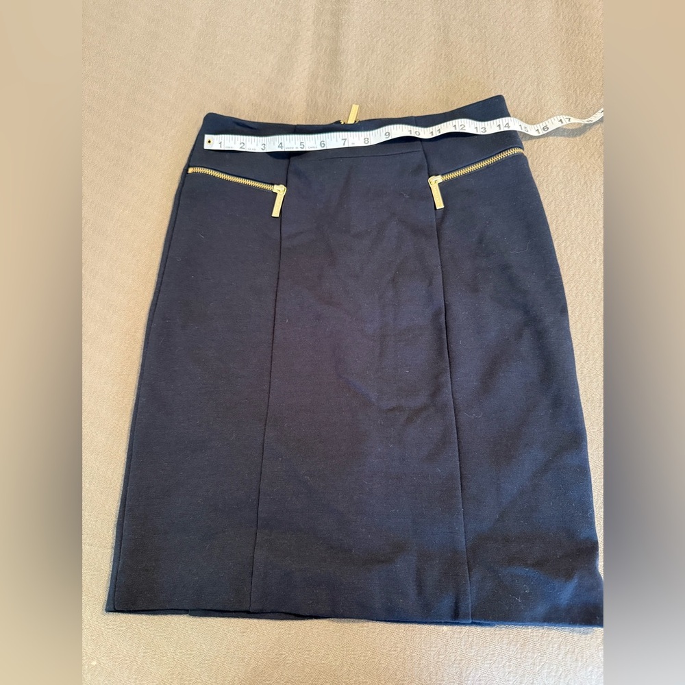 Michael Kors navy blue pencil skirt gold zippers retro 80s stretchy size 2 NWOT - Picture 2 of 9